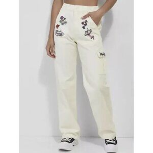 Broken Promises Happy Bunny Y2k style Embroidered Cargo White Wide Leg Pants Med